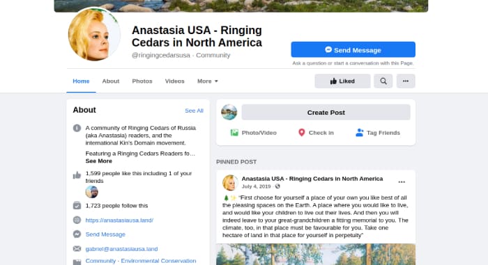 Facebook page Ringing Cedars of Russia USA + Canada, Anastasia USA